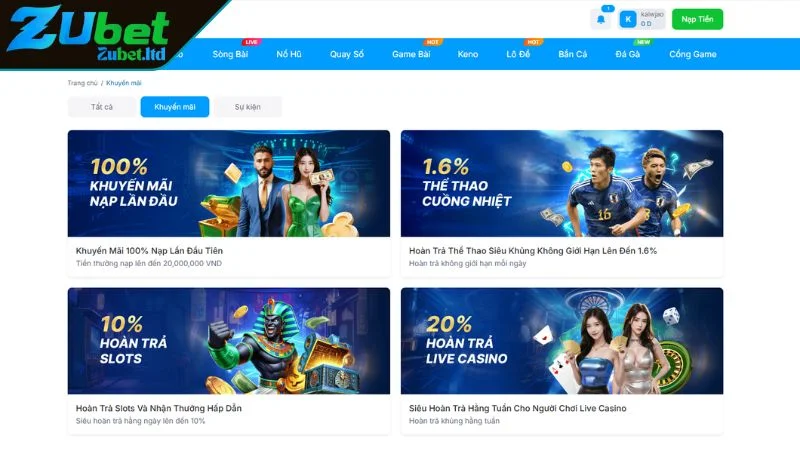 Tổng Hợp Các Chương Trình Khuyến Mãi ZUBET Bùng Nổ 2025 Khuyến mãi ZUBET thưởng hoàn trả live casino
